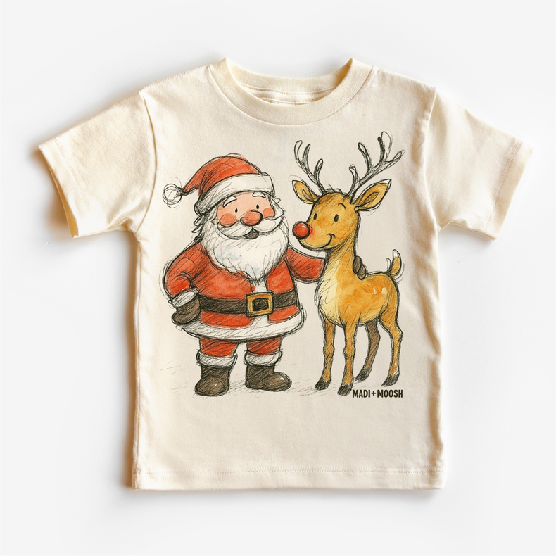 Santa and Reindeer Christmas T-Shirt - Retro Sketch Art Tee