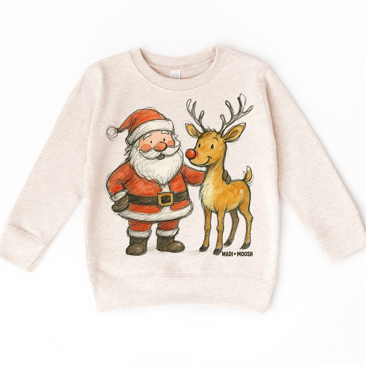Santa and Reindeer Christmas design on a natural sweatshirt.
