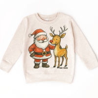 Santa and Reindeer Christmas design on a natural sweatshirt.