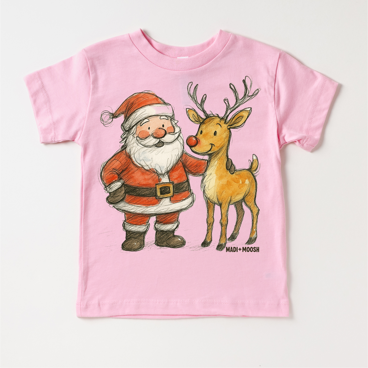 Santa and Reindeer Christmas design on a pink garment.