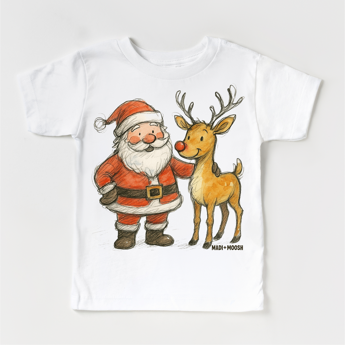 Santa and Reindeer Christmas design on a white garment.