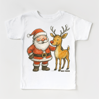 Santa and Reindeer Christmas design on a white garment.