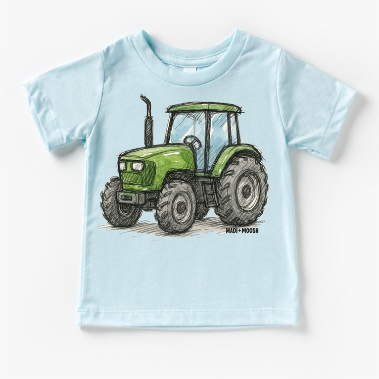 Green Farm Tractor Country T-Shirt - Retro Sketch Art Tee