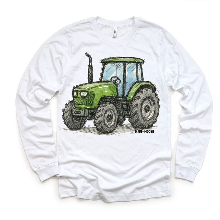 Green Farm Tractor Country T-Shirt - Retro Sketch Art Tee