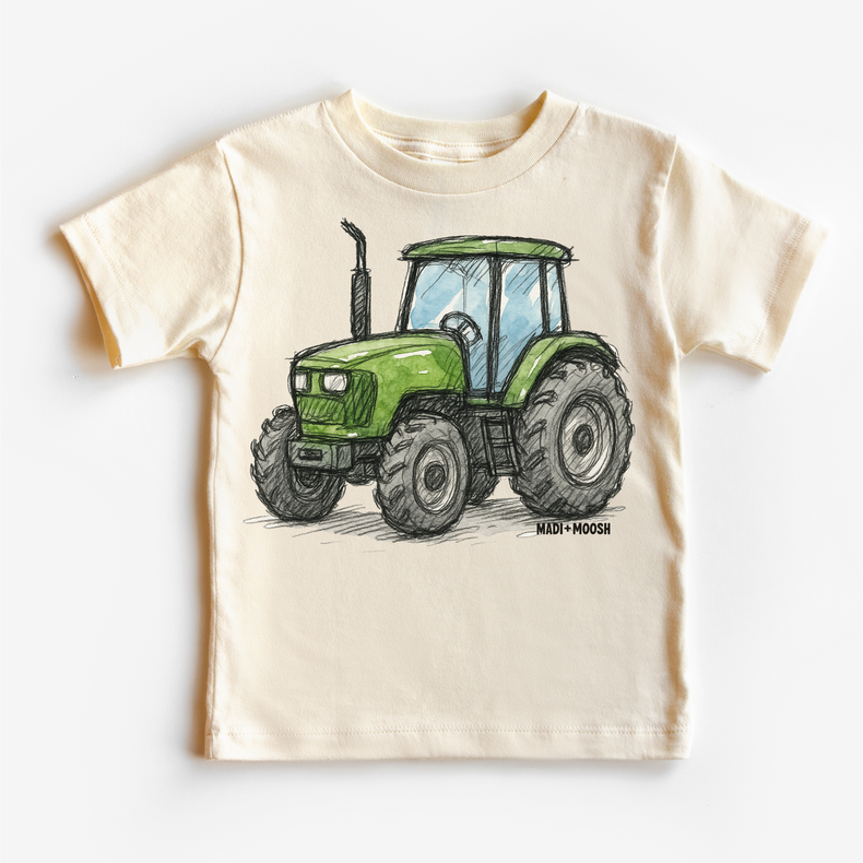 Green Farm Tractor Country T-Shirt - Retro Sketch Art Tee