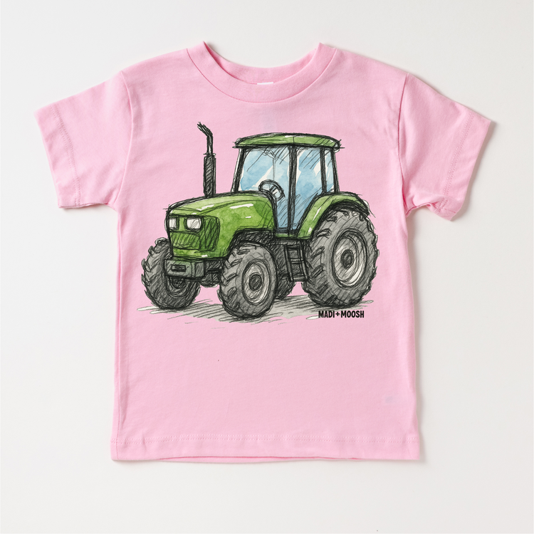Green Farm Tractor Country T-Shirt - Retro Sketch Art Tee