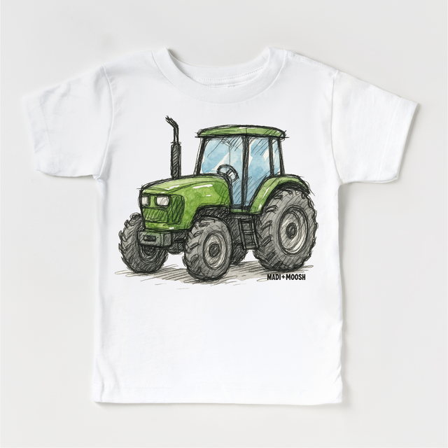 Green Farm Tractor Country T-Shirt - Retro Sketch Art Tee