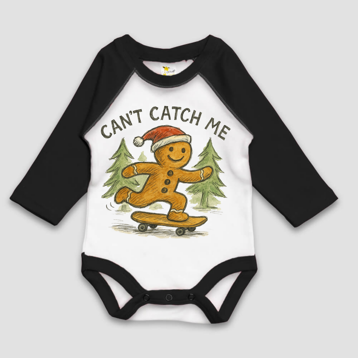 Can't Catch Me Gingerbread Man Christmas Onesie design on a black baby bodysuit.