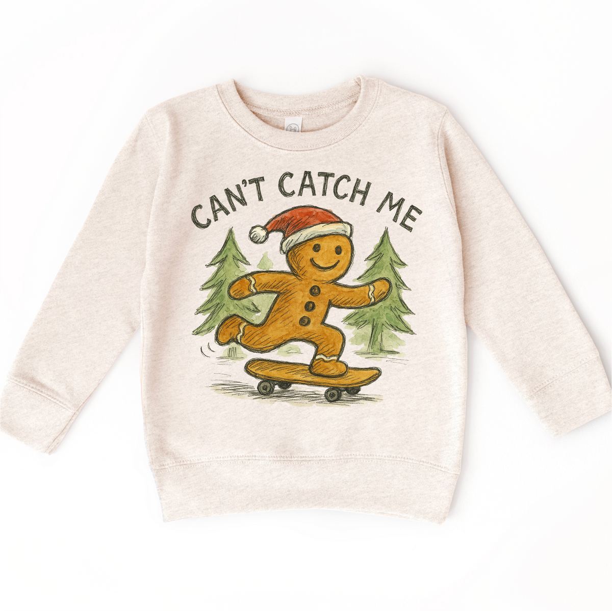 Can't Catch Me Gingerbread Man Christmas on natural kids sweatshirt