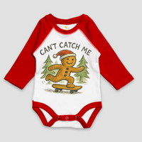 Can't Catch Me Gingerbread Man Christmas Onesie design on a red baby bodysuit.