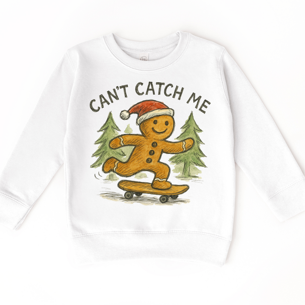 Can't Catch Me Gingerbread Man Christmas on white kids sweatshirt