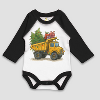 Christmas Dump Truck Construction Onesie design on a black baby bodysuit.