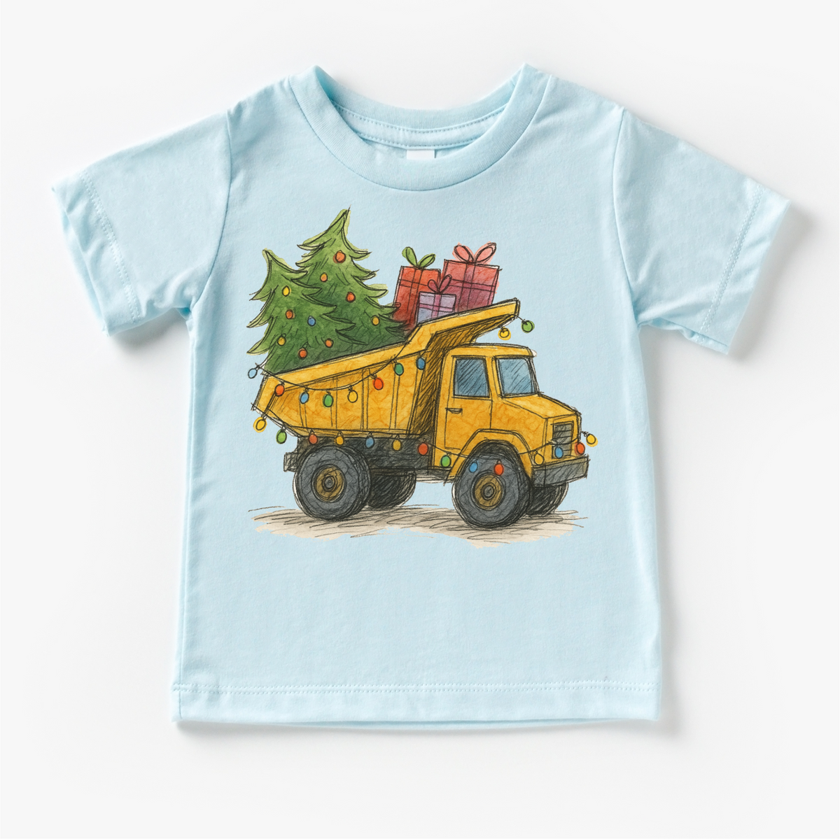 Dump Truck Construction Christmas design on a blue garment.