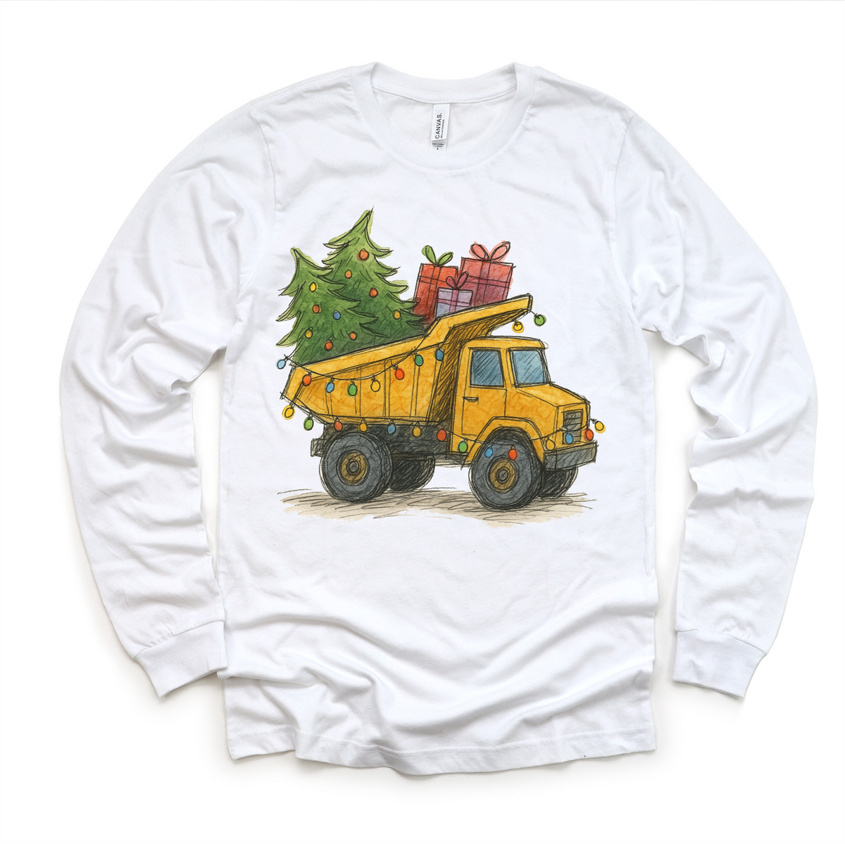 Dump Truck Construction Christmas design on a long sleeve shirt.