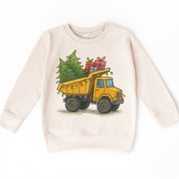 Dump Truck Construction Christmas design on a natural sweatshirt.