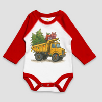 Christmas Dump Truck Construction Onesie design on a red baby bodysuit.