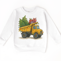 Dump Truck Construction Christmas design on a white sweatshirt.
