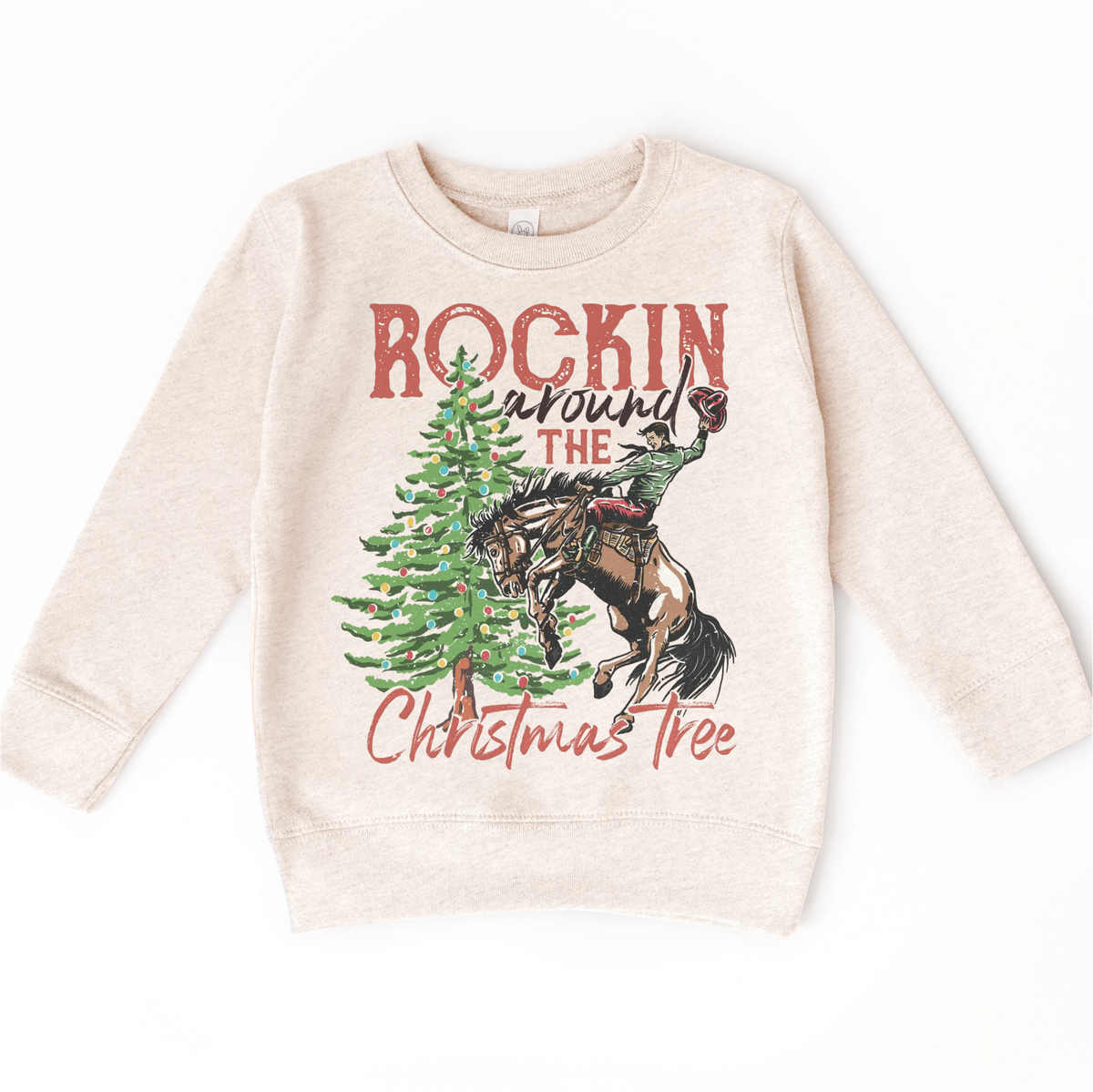Rockin Around The Christmas Tree Cowboy on natural kids sweatshirt
