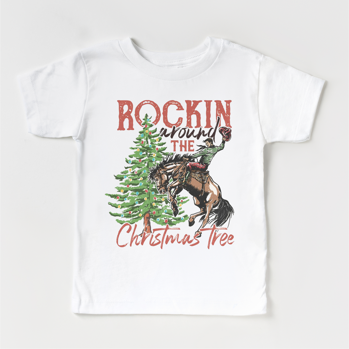 Rockin Around the Christmas Tree Cowboy White kids tee
