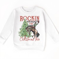 Rockin Around The Christmas Tree Cowboy on white kids sweatshirt