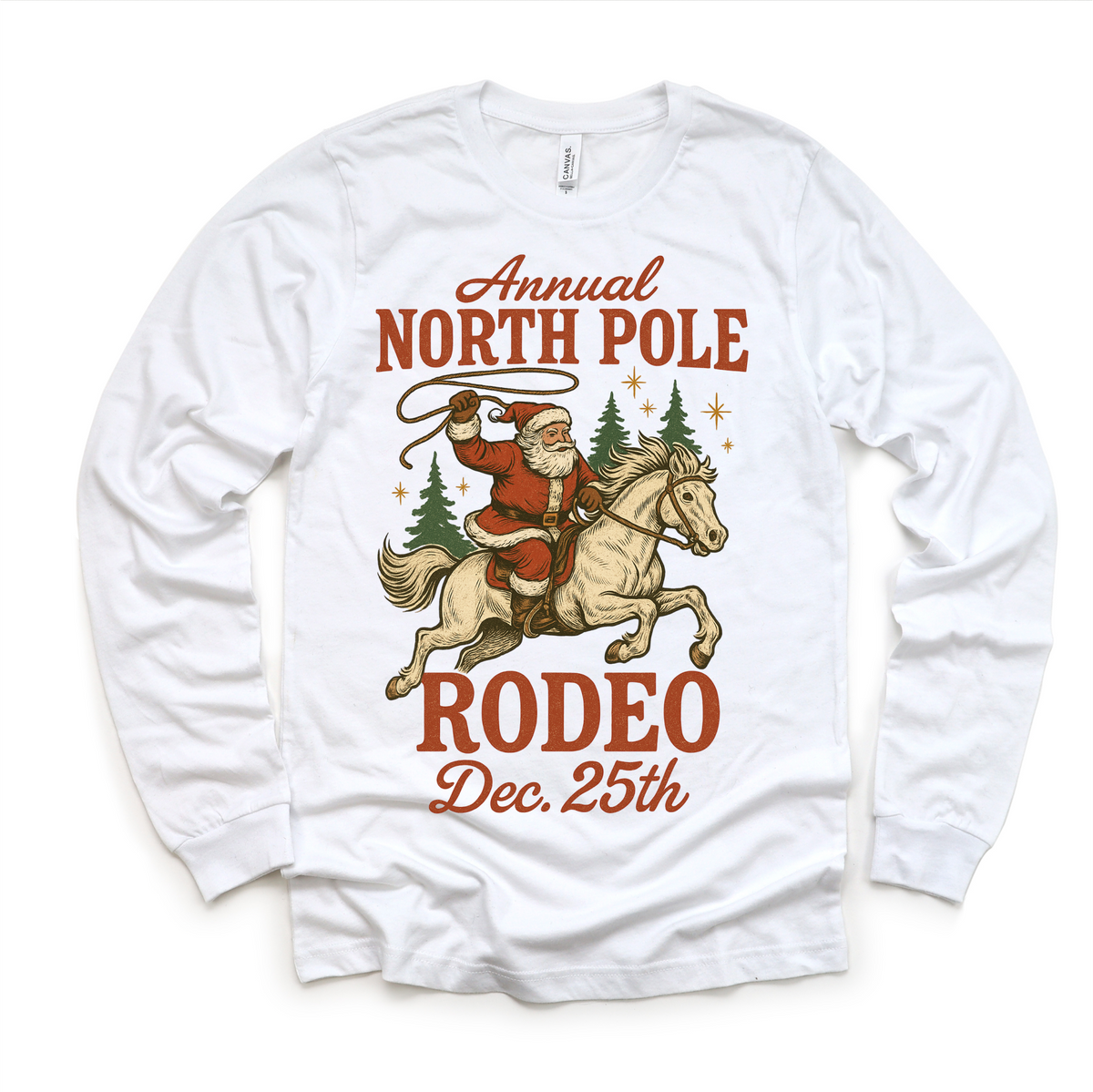 North Pole Rodeo Cowboy Christmas design on a long sleeve shirt.