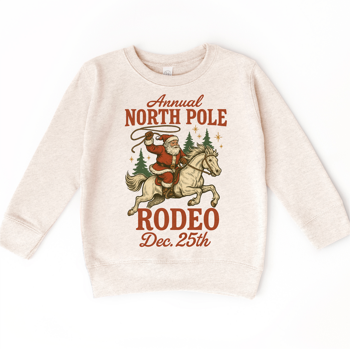North Pole Rodeo Cowboy Christmas design on a natural sweatshirt.