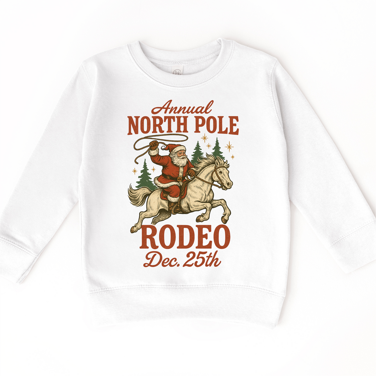 North Pole Rodeo Cowboy Christmas design on a white sweatshirt.
