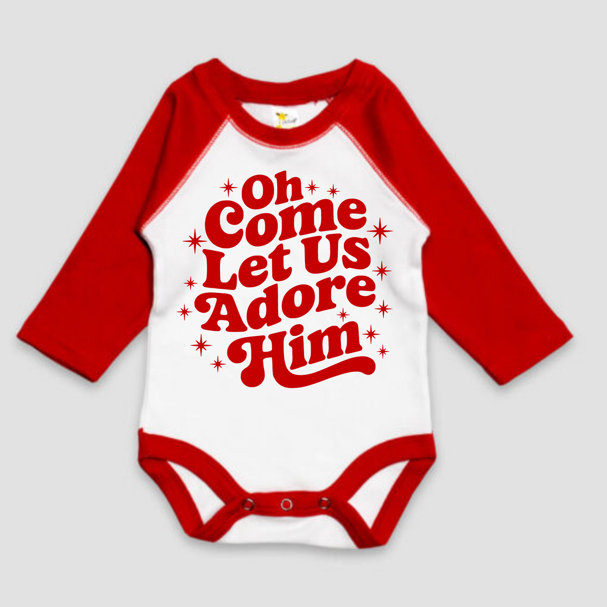 Oh Come Let Us Adore Him Christmas Long Sleeve Onesie design on a red baby bodysuit.