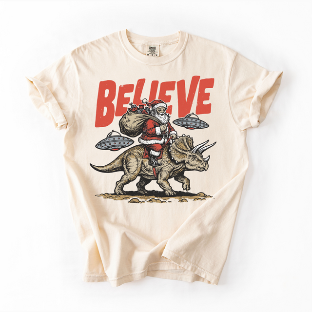 Believe Santa Dinosaurs UFO Christmas Unisex T-Shirt - Printed On Comfort Colors