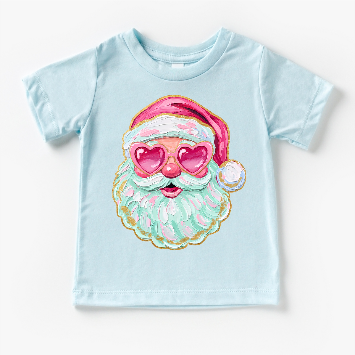 Santa With Heart Shaped Glasses Christmas design on a blue garment.