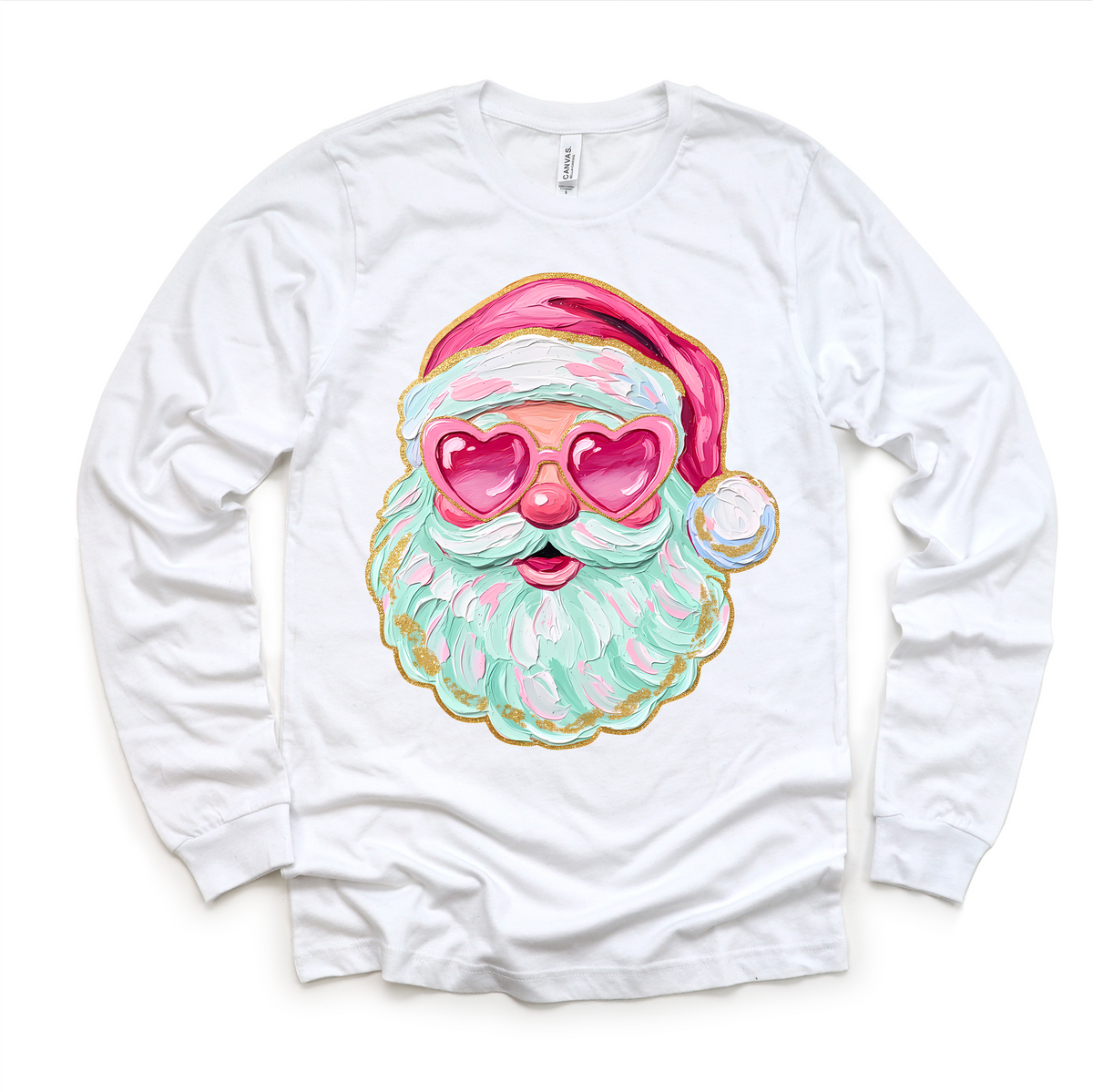 Santa With Heart Shaped Glasses Christmas design on a long sleeve shirt.