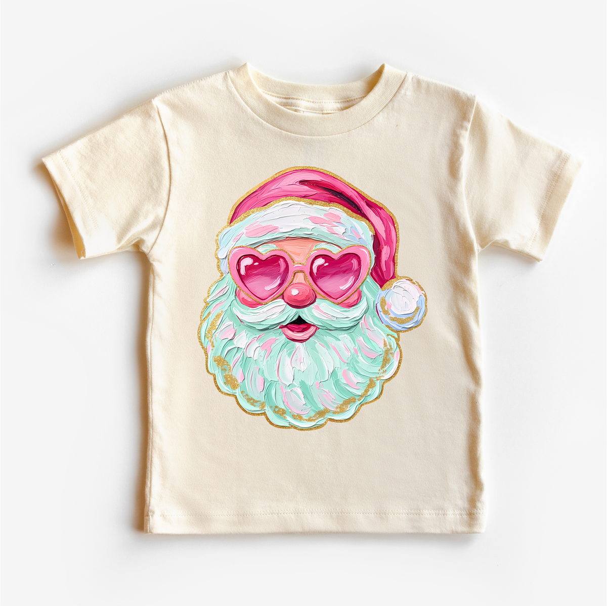 Santa With Heart Shaped Glasses Christmas design on a natural garment.