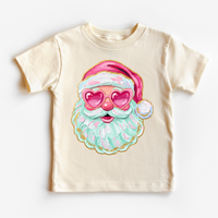 Santa With Heart Shaped Glasses Christmas design on a natural garment.