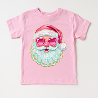 Santa With Heart Shaped Glasses Christmas design on a pink garment.