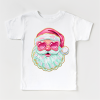 Santa With Heart Shaped Glasses Christmas design on a white garment.