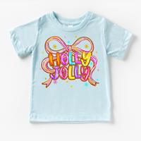 Holly Jolly Ribbon Christmas design on a blue garment.
