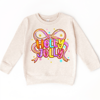 Holly Jolly Ribbon Christmas design on a natural sweatshirt.