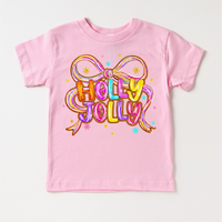 Holly Jolly Ribbon Christmas design on a pink garment.