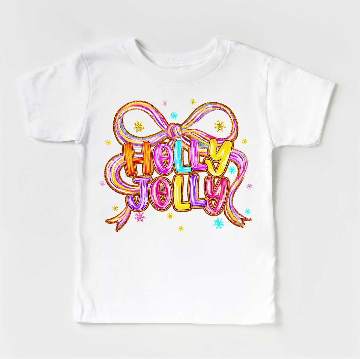 Holly Jolly Ribbon Christmas design on a white garment.