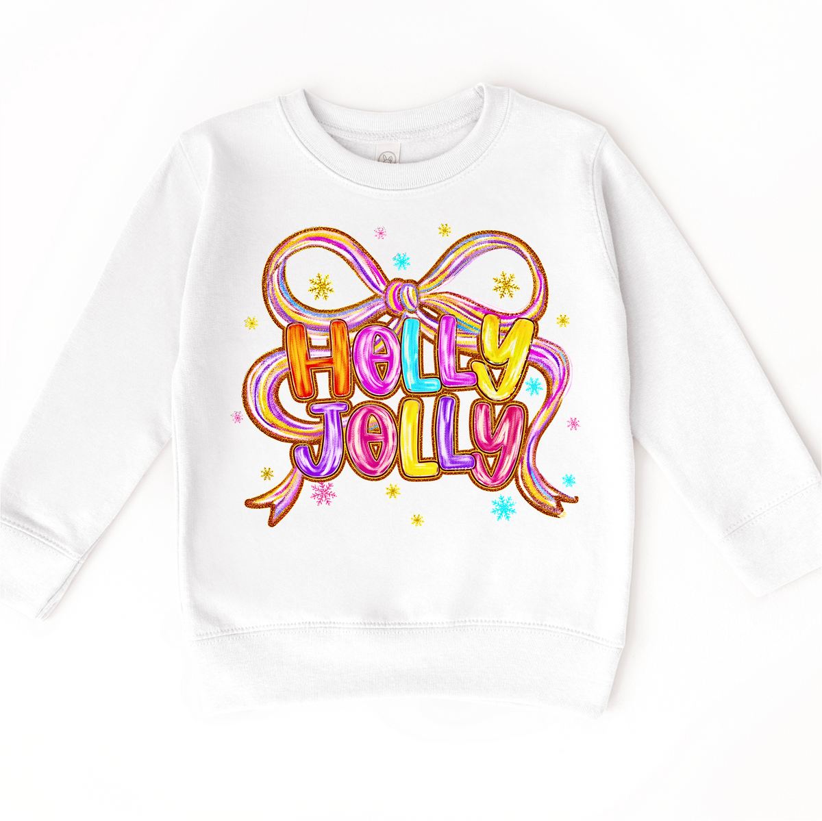 Holly Jolly Ribbon Christmas design on a white sweatshirt.