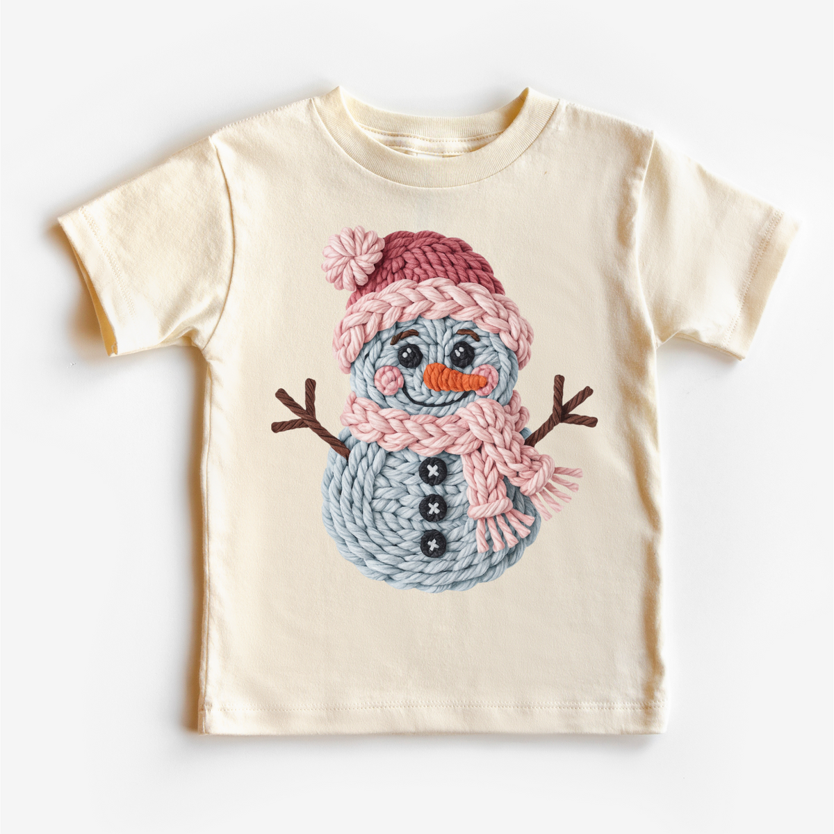 Faux Woven Snowman Christmas design on a natural garment.