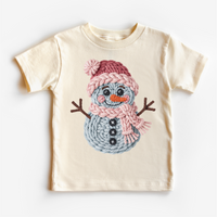 Faux Woven Snowman Christmas design on a natural garment.