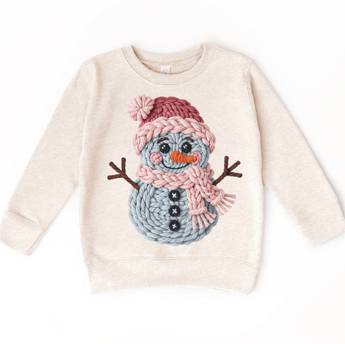 Faux Woven Snowman Christmas design on a natural sweatshirt.