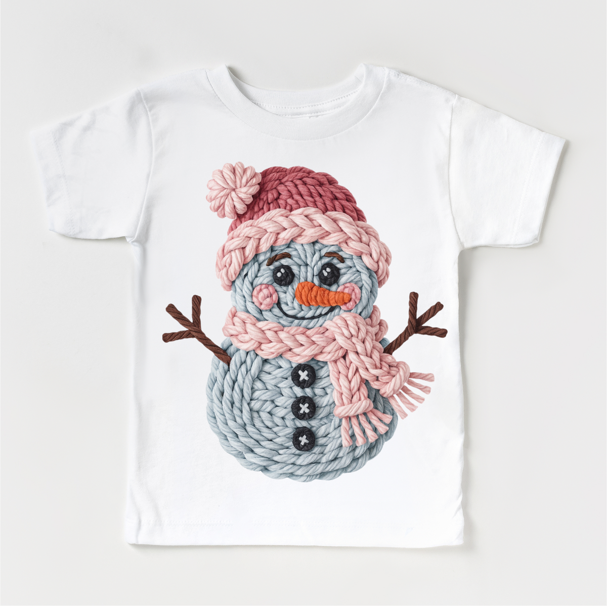 Faux Woven Snowman Christmas design on a white garment.