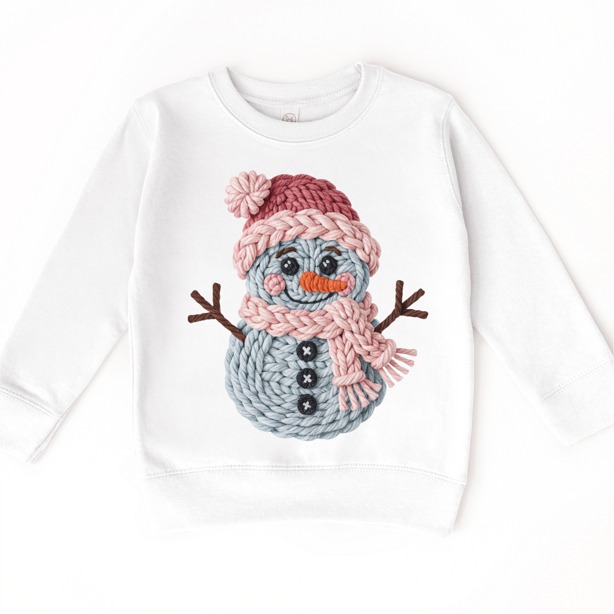 Faux Woven Snowman Christmas design on a white sweatshirt.