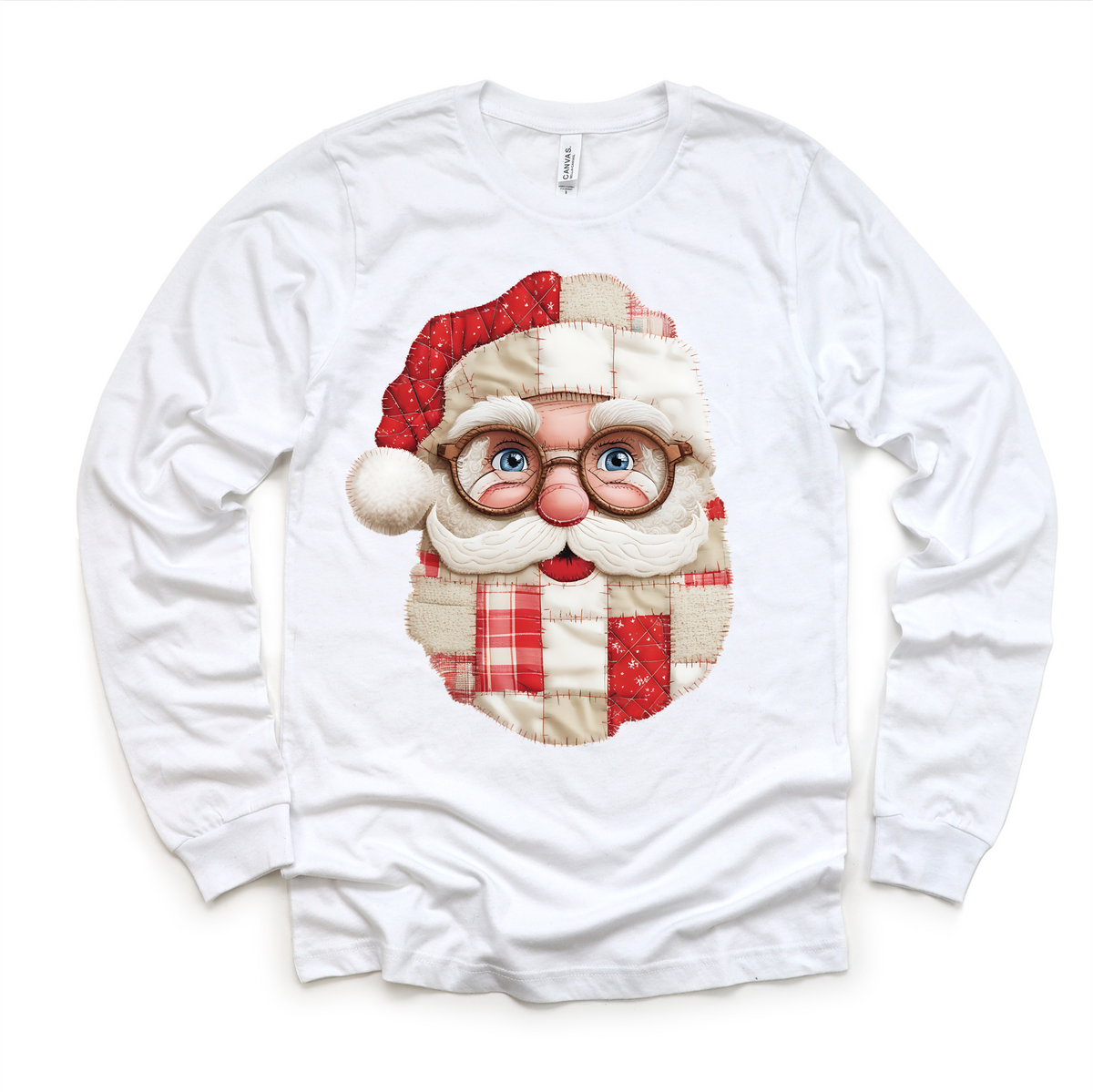 Faux Santa Patchwork Christmas design on a long sleeve shirt.