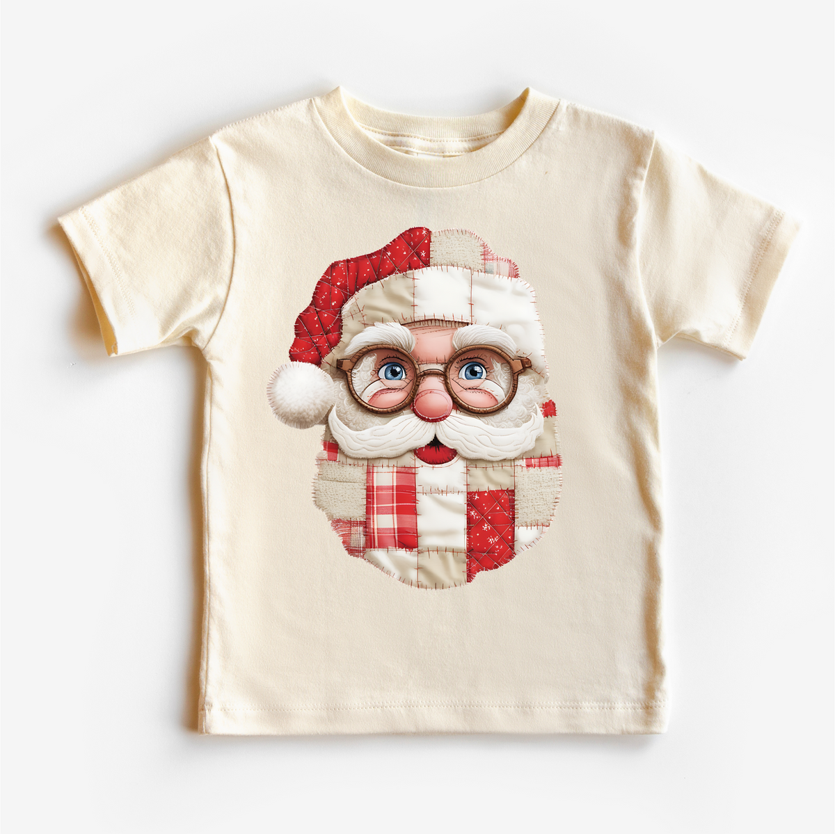 Faux Santa Patchwork Christmas design on a natural garment.