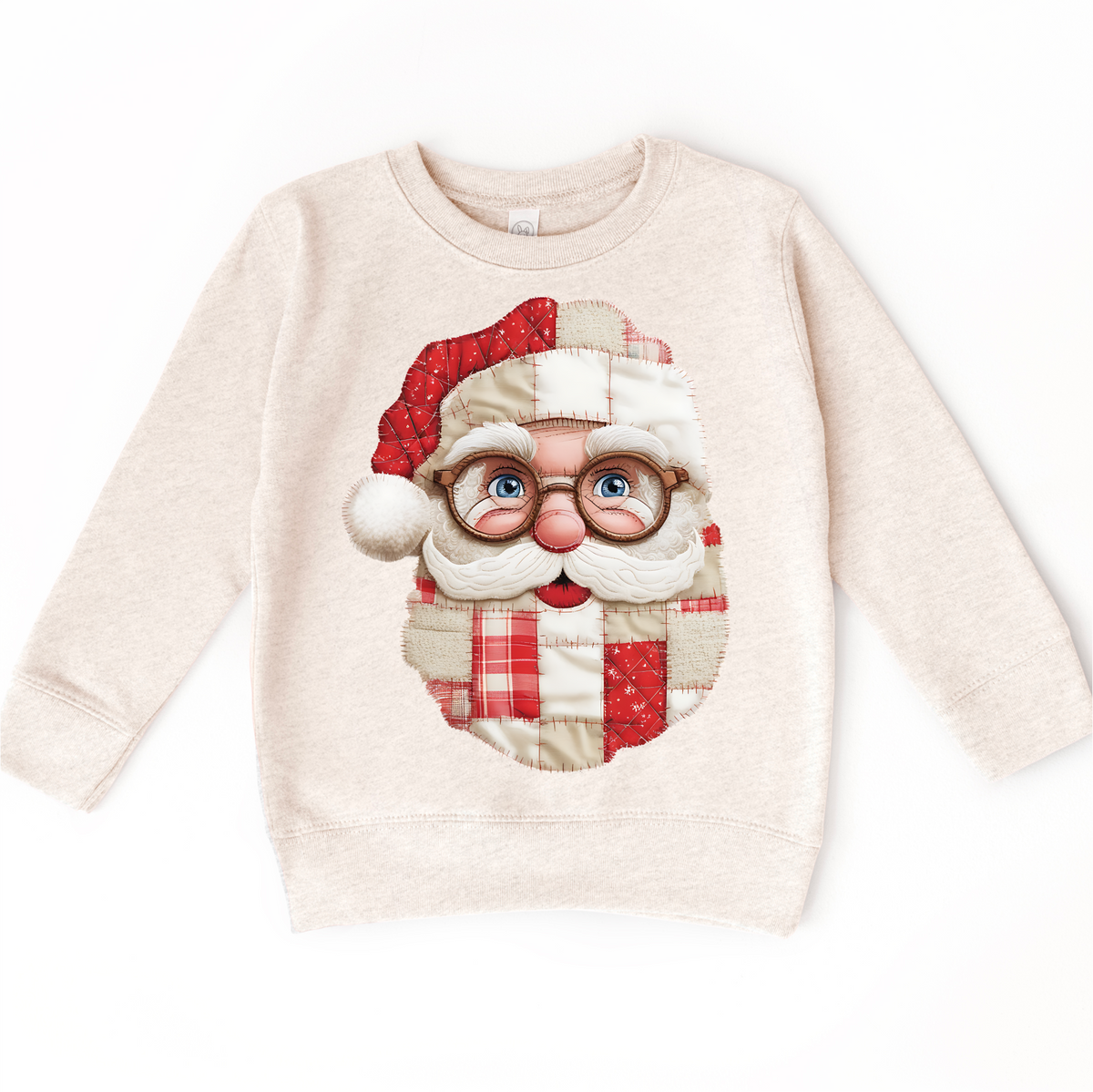 Faux Santa Patchwork Christmas design on a natural sweatshirt.