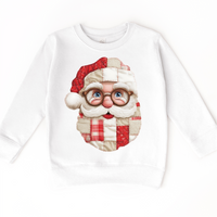 Faux Santa Patchwork Christmas design on a white sweatshirt.