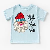 Santa Claus Is Coming To Town Christmas T-Shirt product design and garment details.